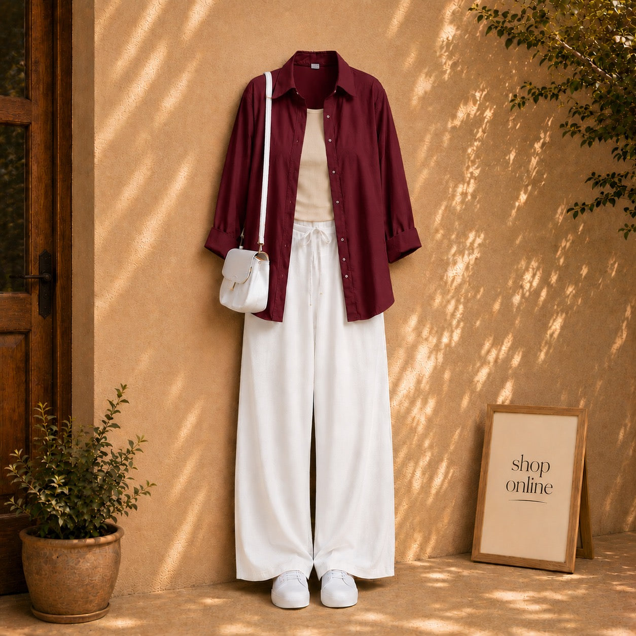 MAROON BUTTON DOWN SHIRT WITH BEIGE TANKTOP AND WHITE FLAPPER
