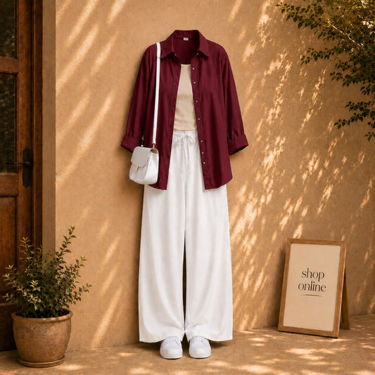 MAROON BUTTON DOWN SHIRT WITH BEIGE TANKTOP AND WHITE FLAPPER