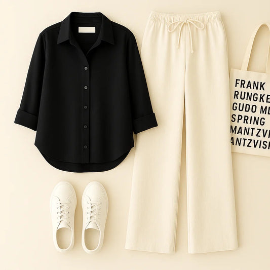 BLACK BUTTON SHIRT WITH BEIGE FLAPPER