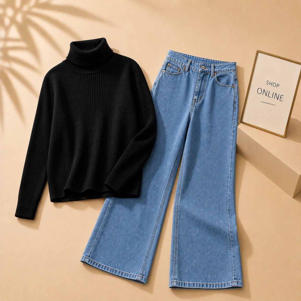 BLACK HIGHNECK WITH ICY MID BLUE WIDE LEG JEANS