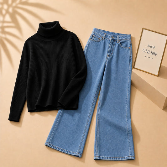 BLACK HIGHNECK WITH ICY MID BLUE WIDE LEG JEANS