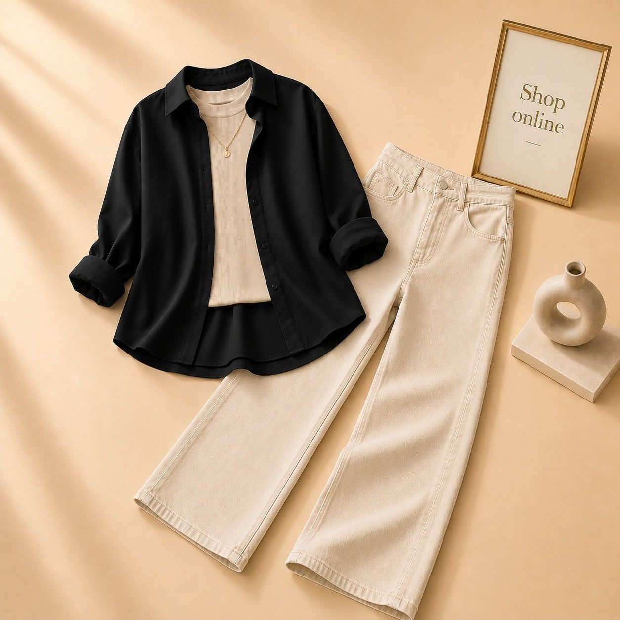 BLACK BUTTON DOWN SHIRT WITH BEIGE TANKTOP AND BEIGE WIDE LEG JEANS