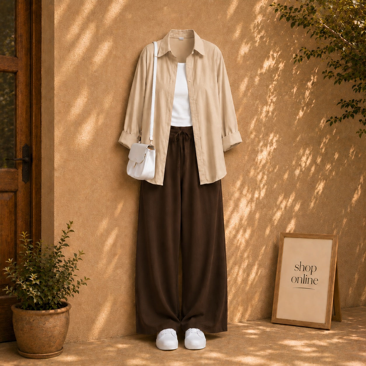 BEIGE BUTTON DOWN SHIRT WITH WHITE TANKTOP AND BROWN FLAPPER