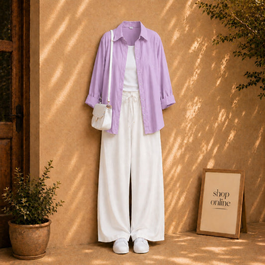 LILAC BUTTON DOWN SHIRT WITH WHITE TANKTOP AND WHITE FLAPPER