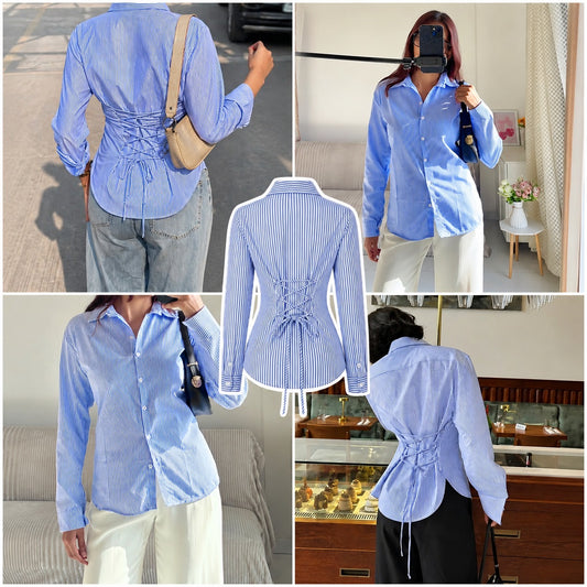 Blue and White Corset Lace-Up Back Stripe Shirt