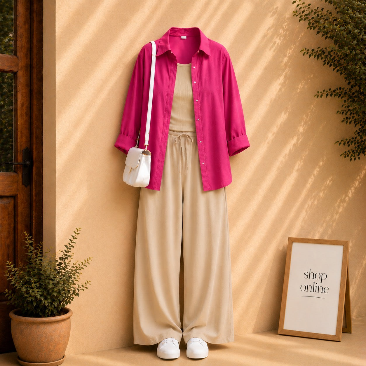 SHOCKING PINK BUTTON DOWN SHIRT WITH BEIGE TANKTOP AND BEIGE FLAPPER