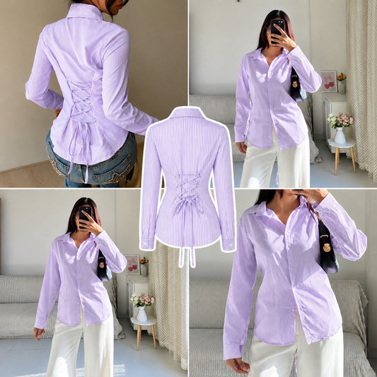 Lilac and White Corset Lace-Up Back Stripe Shirt