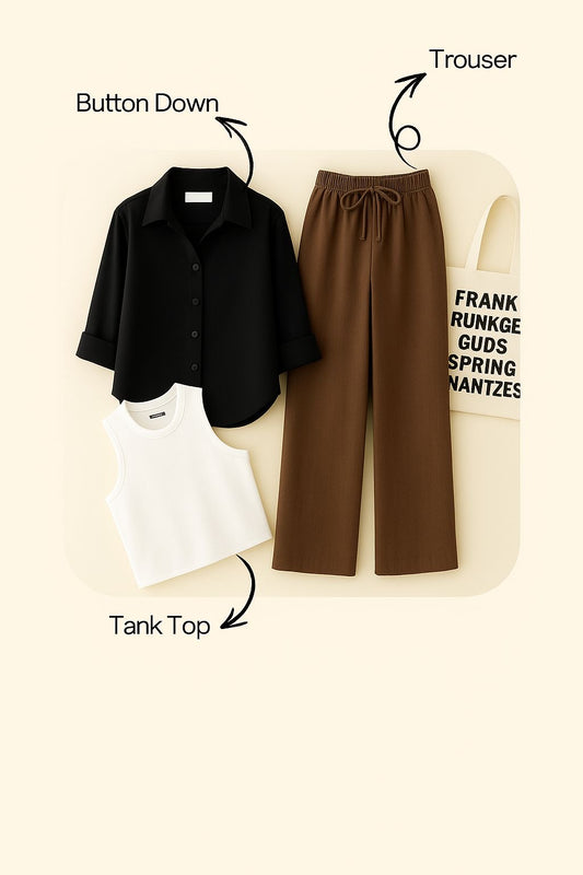 BLACK BUTTON WITH BROWN FLAPPER AND WHITE TANK TOP