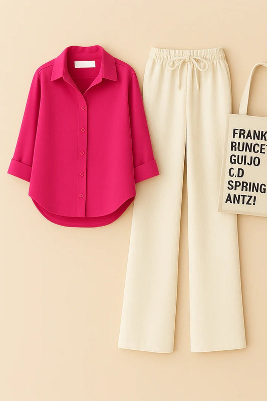 SHOCKING PINK BUTTON SHIRT WITH BEIGE FLAPPER