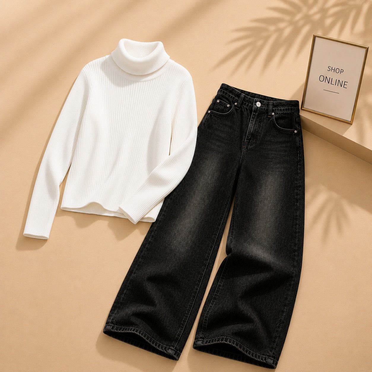 WHITE HIGHNECK WITH BLACK MALAYSIAN WIDE LEG JEANS
