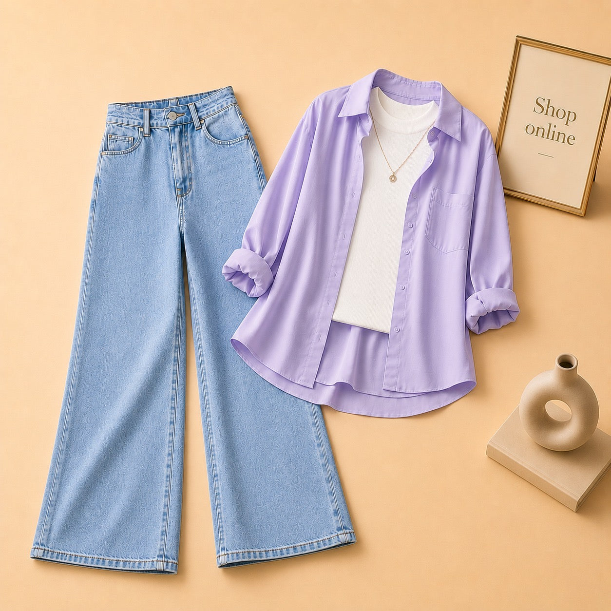 LILAC BUTTON DOWN SHIRT WITH WHITE TANKTOP AND ICE BLUE WIDE LEG JEANS (Copy)
