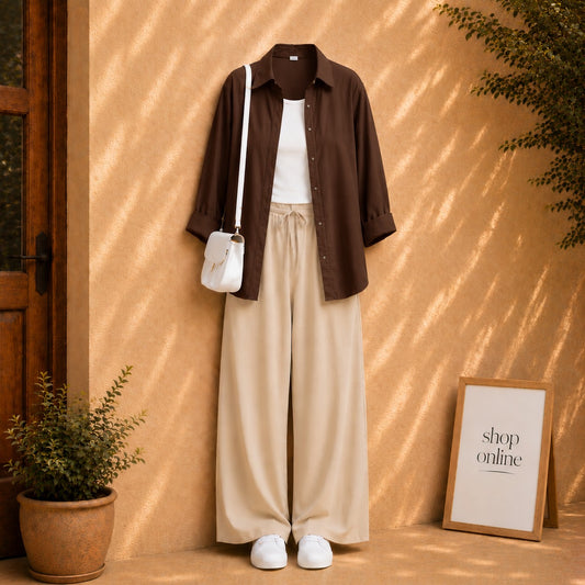 COFFEE BROWN BUTTON DOWN SHIRT WITH WHITE TANKTOP AND BEIGE FLAPPER