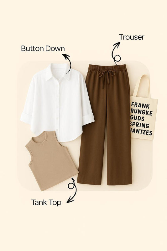 WHITE BUTTON SHIRT WITH BROWN FLAPPER AND BEIGE TANK TOP