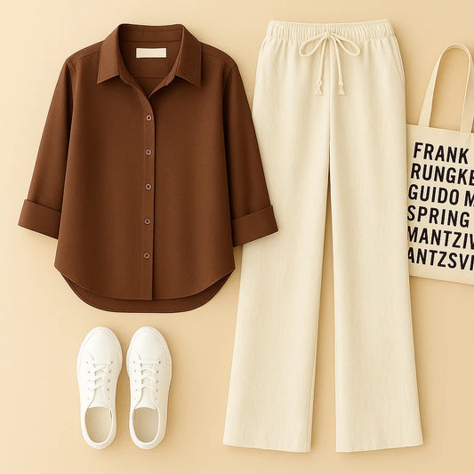 BROWN BUTTON SHIRT WITH BEIGE FLAPPER