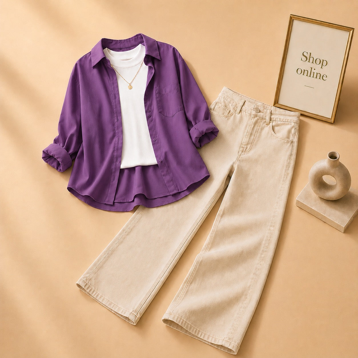PURPLE BUTTON DOWN SHIRT WITH WHITE TANKTOP AND BEIGE WIDE LEG JEANS