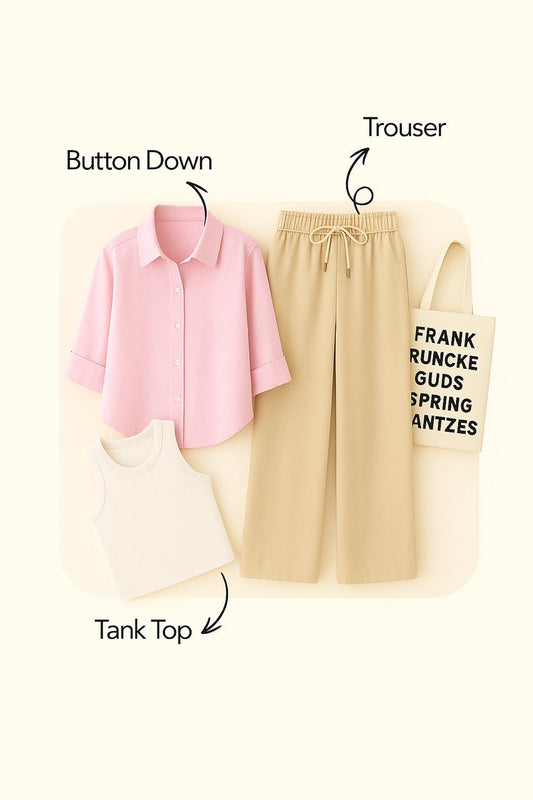 BABY PINK BUTTON SHIRT WITH BEIGE FLAPPER AND WHITE TANK TOP