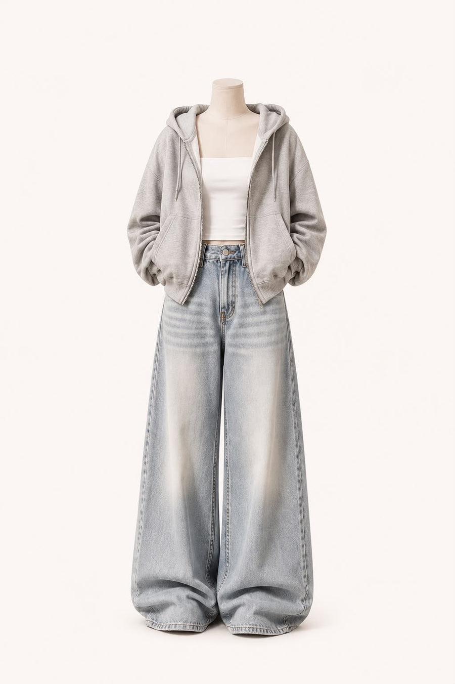 Grey Zipper + Inner  with Greyish Wide Leg Jeans