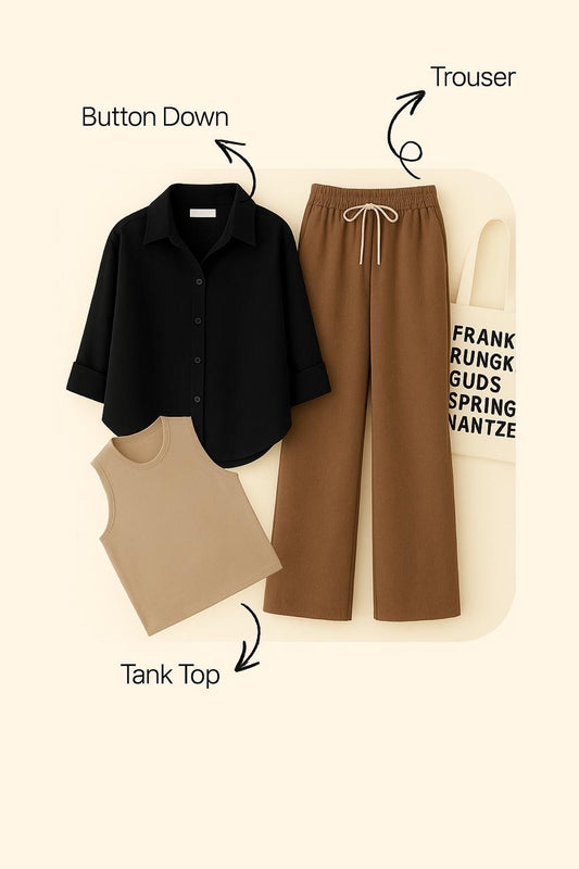 BLACK BUTTON SHIRT WITH BROWN FLAPPER AND BEIGE TANK TOP