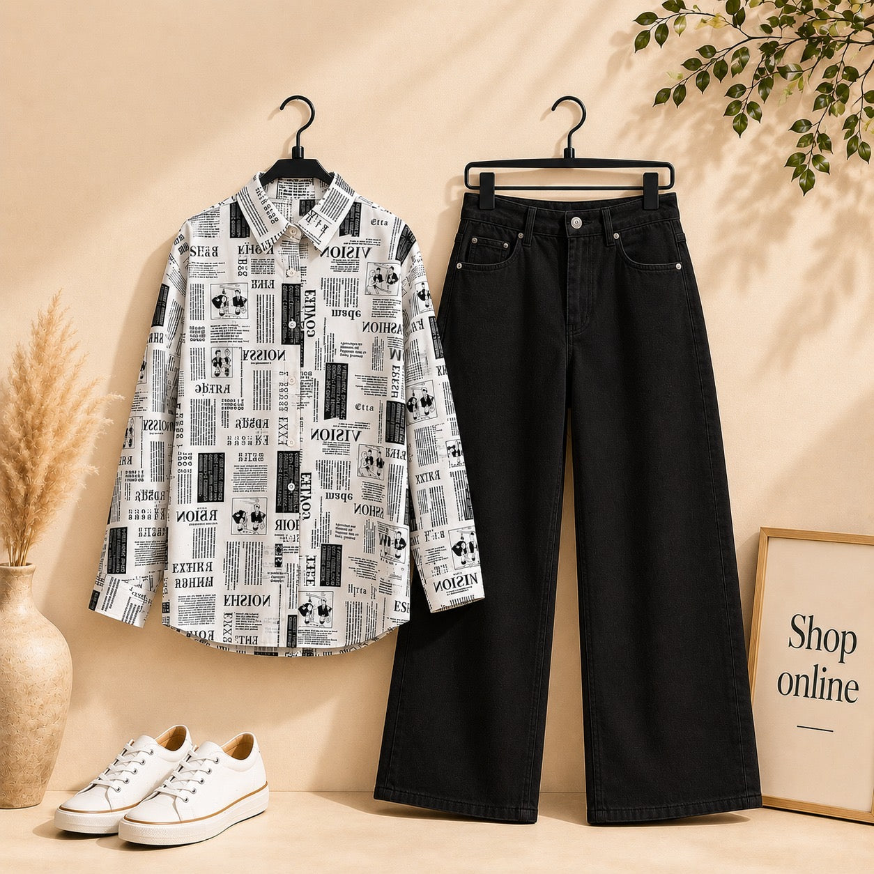 NEWSPAPER BUTTON SHIRT WITH BLACK WIDE LEG JEANS