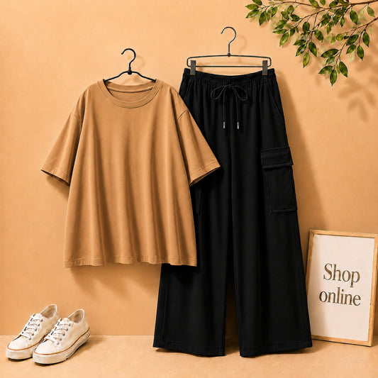 LIGHT BROWN DROP SHOULDER TSHIRT WITH BLACK CARGO TROUSER