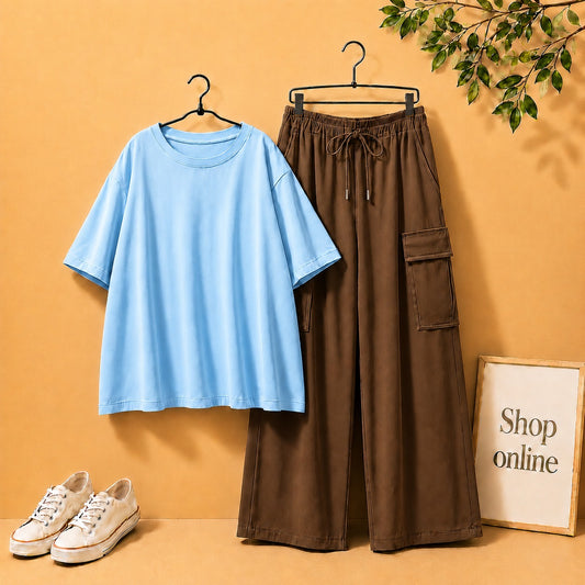 SKY BLUE DROP SHOULDER TSHIRT WITH BROWN CARGO TROUSER