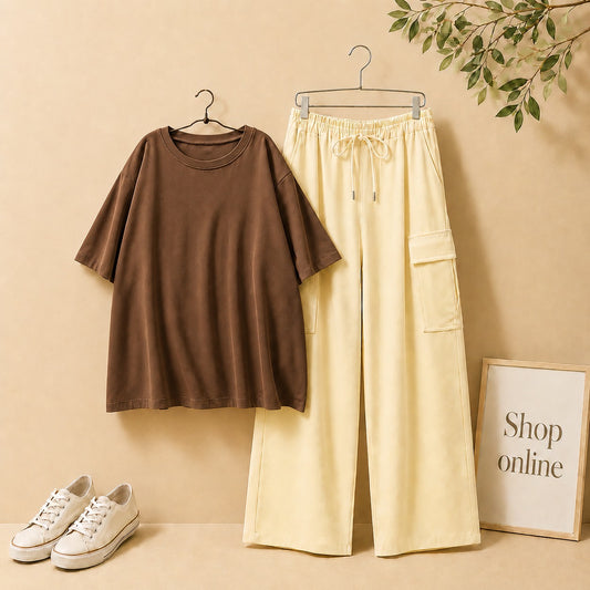 DARK BROWN DROP SHOULDER TSHIRT WITH BEIGE CARGO TROUSER