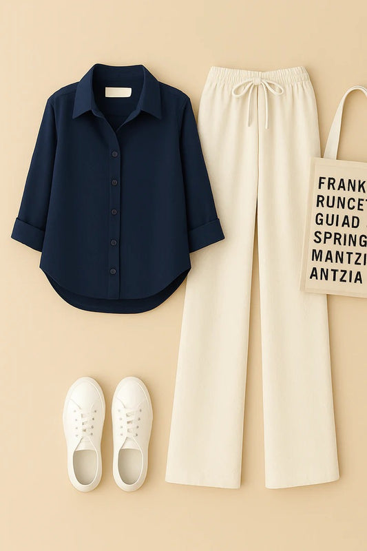 NAVY BLUE BUTTON SHIRT WITH BEIGE FLAPPER