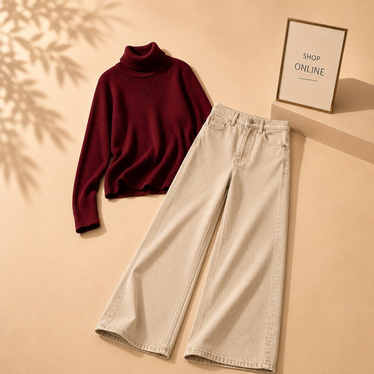 MAROON HIGHNECK WITH BEIGE WIDE LEG JEANS