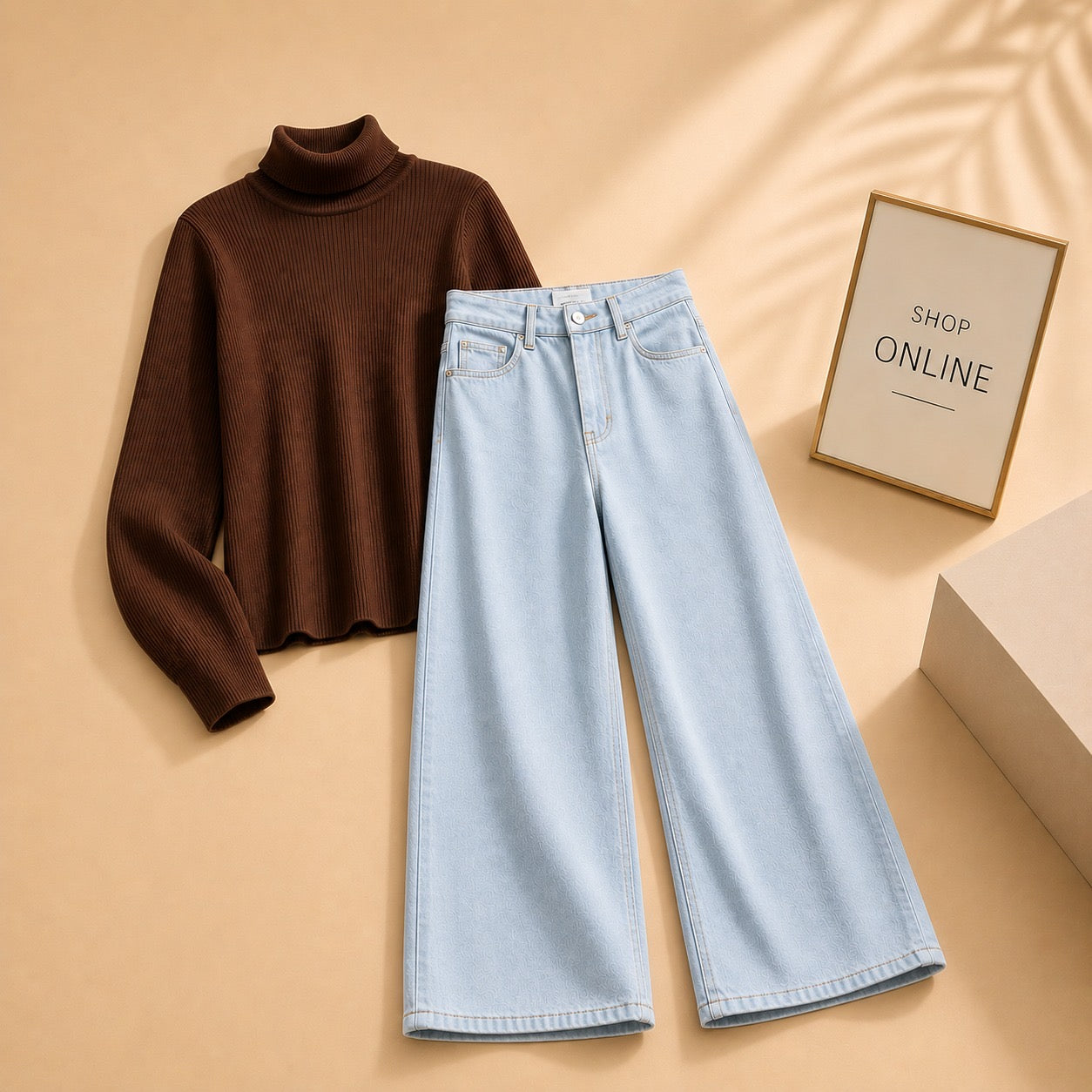 BROWN HIGHNECK WITH SKY BLUE WIDE LEG JEANS