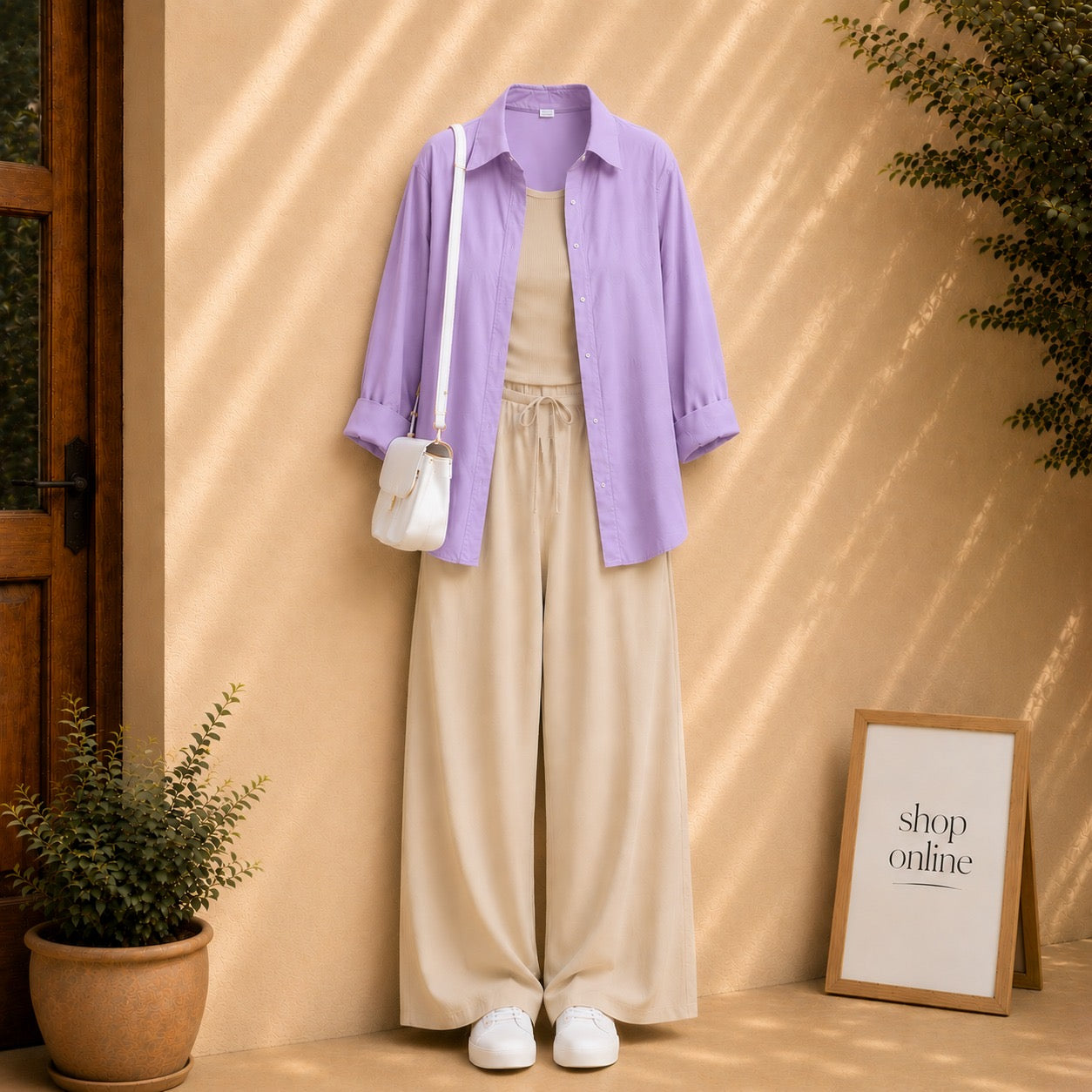 LILAC BUTTON DOWN SHIRT WITH BEIGE TANKTOP AND BEIGE FLAPPER
