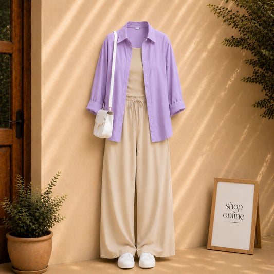 LILAC BUTTON DOWN SHIRT WITH BEIGE TANKTOP AND BEIGE FLAPPER