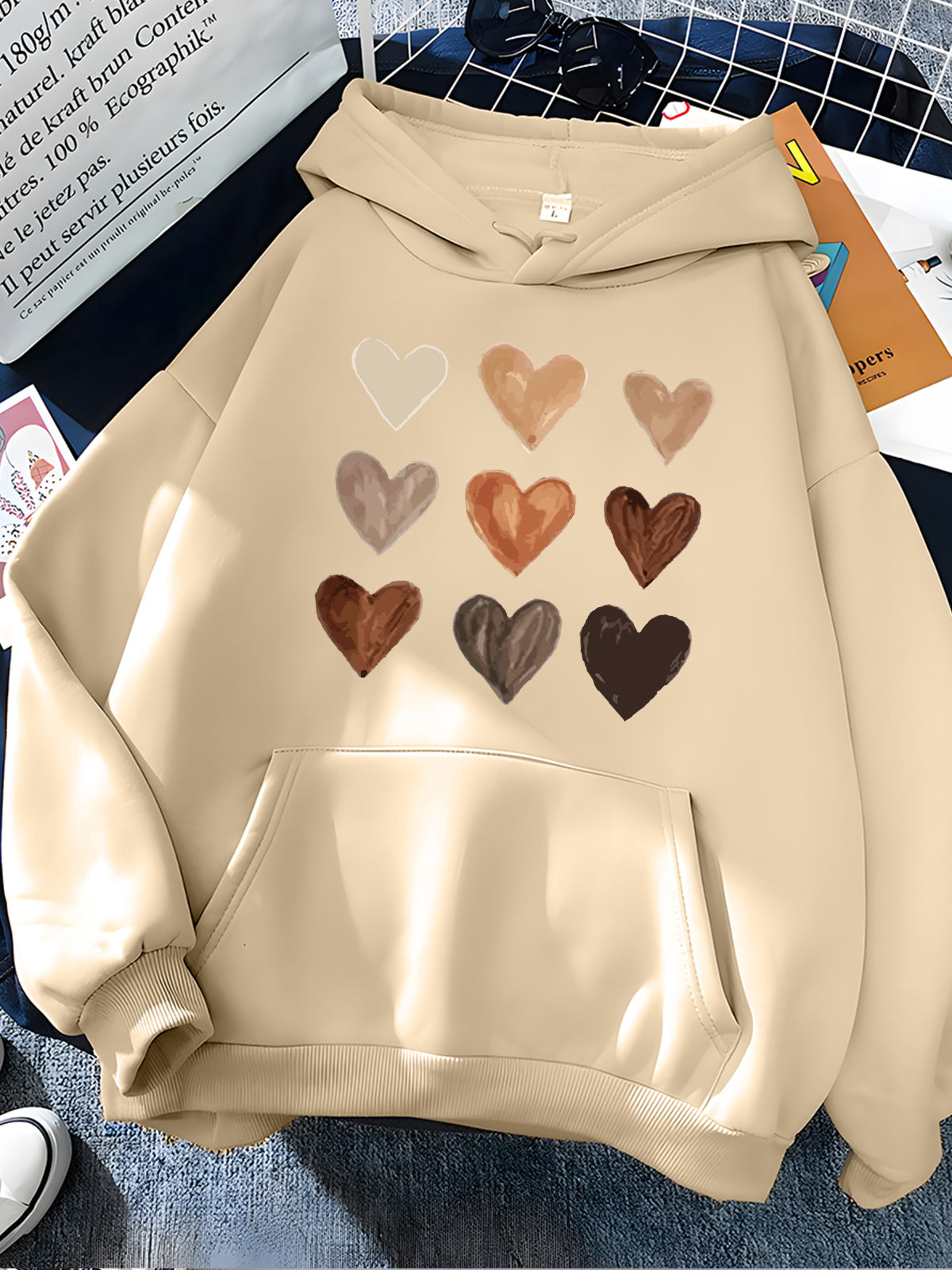 BROWN HEARTS ON BEIGE HOODIE