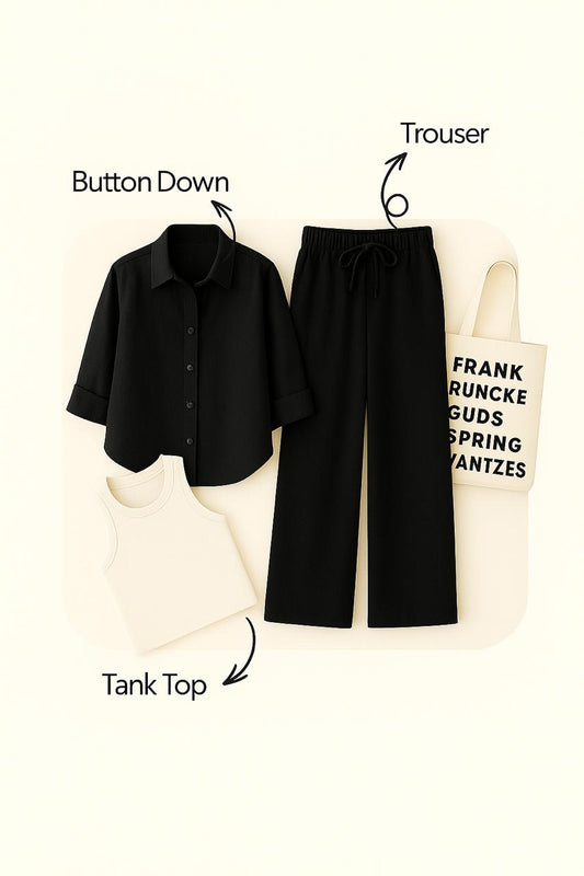 BLACK BUTTON SHIRT WITH BLACK FLAPPER AND WHITE TANK TOP