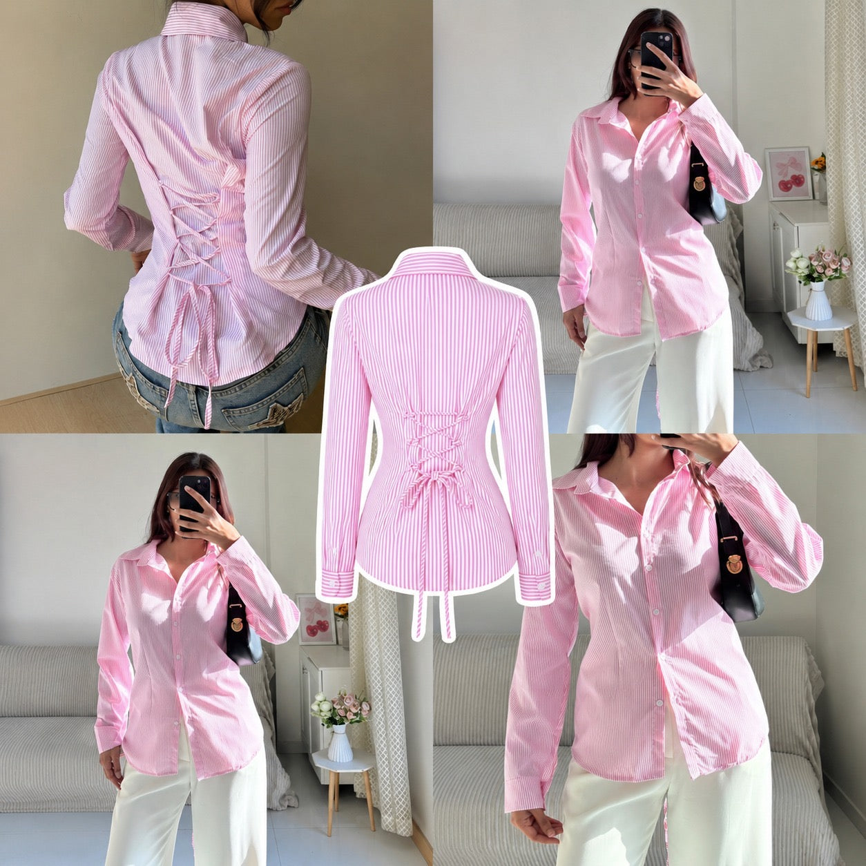 Pink and White Corset Lace-Up Back Stripe Shirt