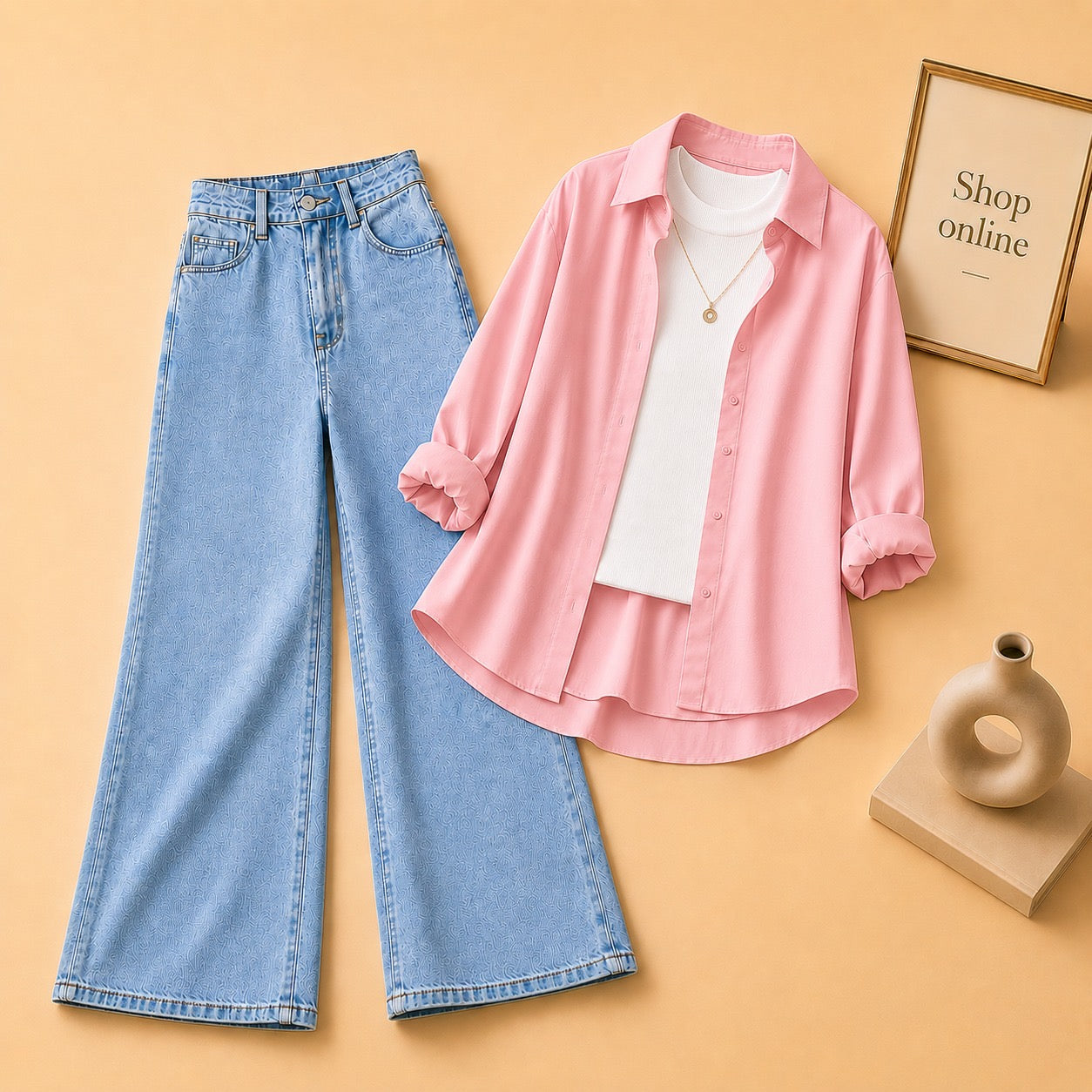 LIGHT PINK BUTTON DOWN SHIRT WITH WHITE TANKTOP AND SKY BLUE WIDE LEG JEANS