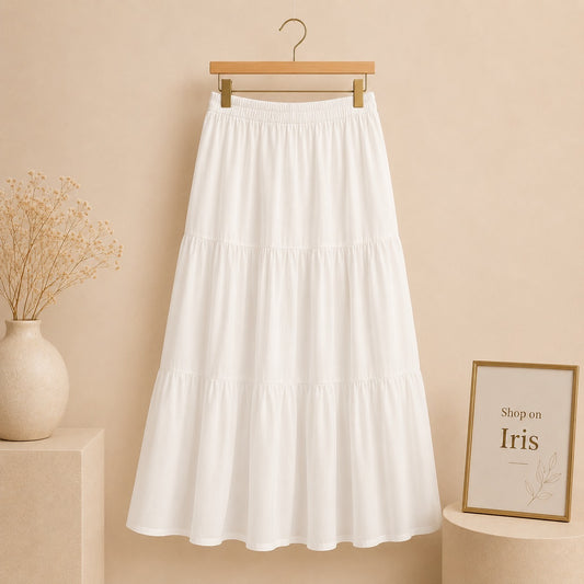 WHITE 3 TIER TWILL LONG SKIRT