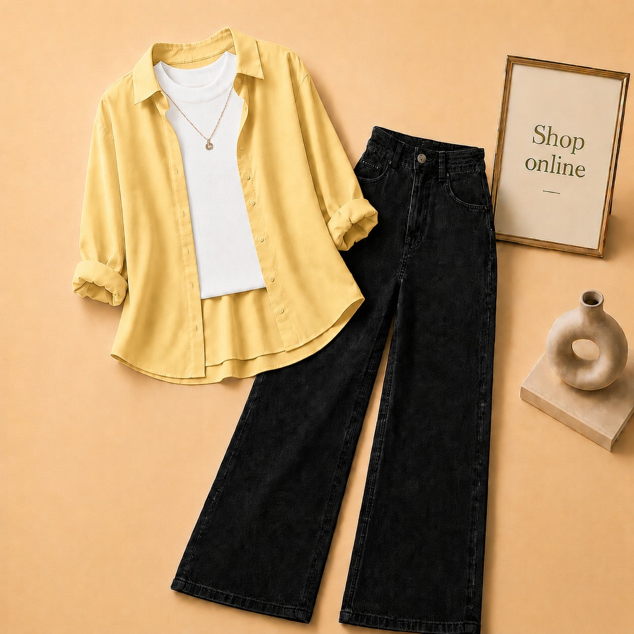 YELLOW BUTTON DOWN SHIRT WITH WHITE TANKTOP AND BLACK WIDE LEG JEANS