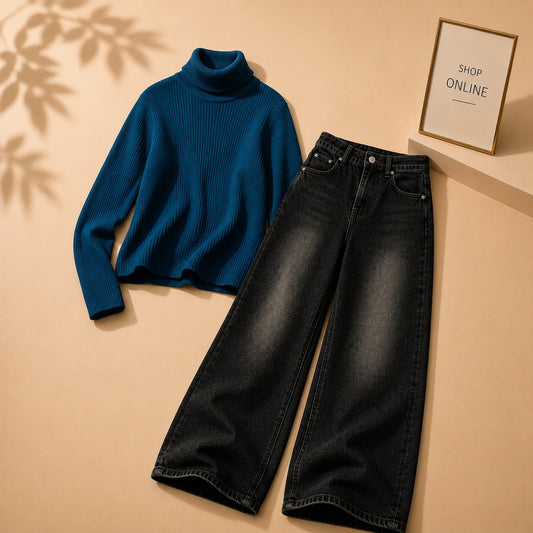 PETROLEUM BLUE HIGHNECK WITH BLACK MALAYSIAN LEG JEANS