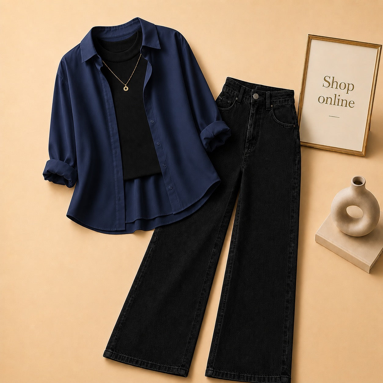 NAVY BLUE BUTTON DOWN SHIRT WITH BLACK TANKTOP AND BLACK WIDE LEG JEANS