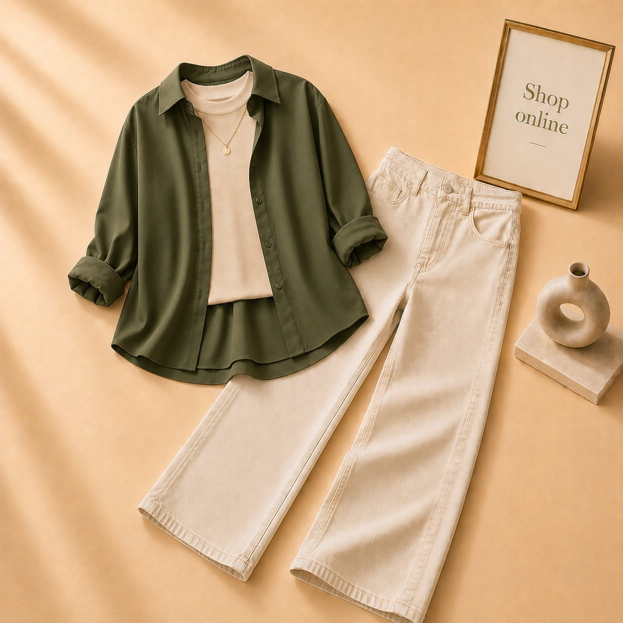 OLIVE GREEN BUTTON DOWN SHIRT WITH BEIGE TANKTOP AND BEIGE WIDE LEG JEANS