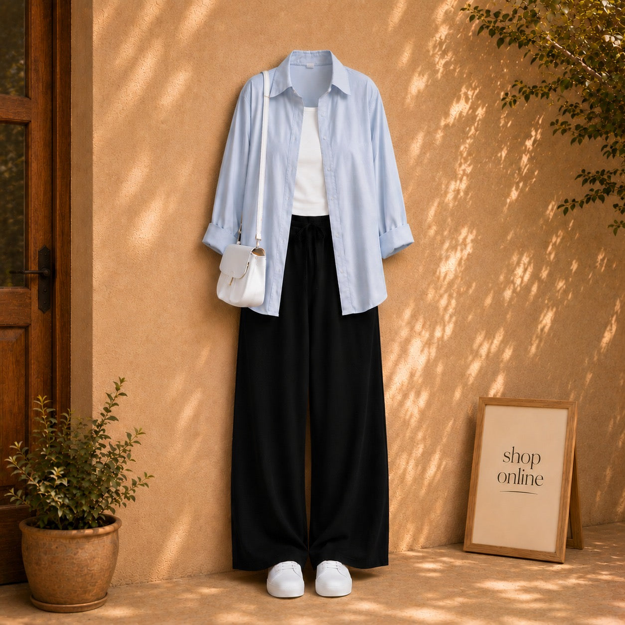 SKY BLUE BUTTON DOWN SHIRT WITH WHITE TANKTOP AND BLACK FLAPPER