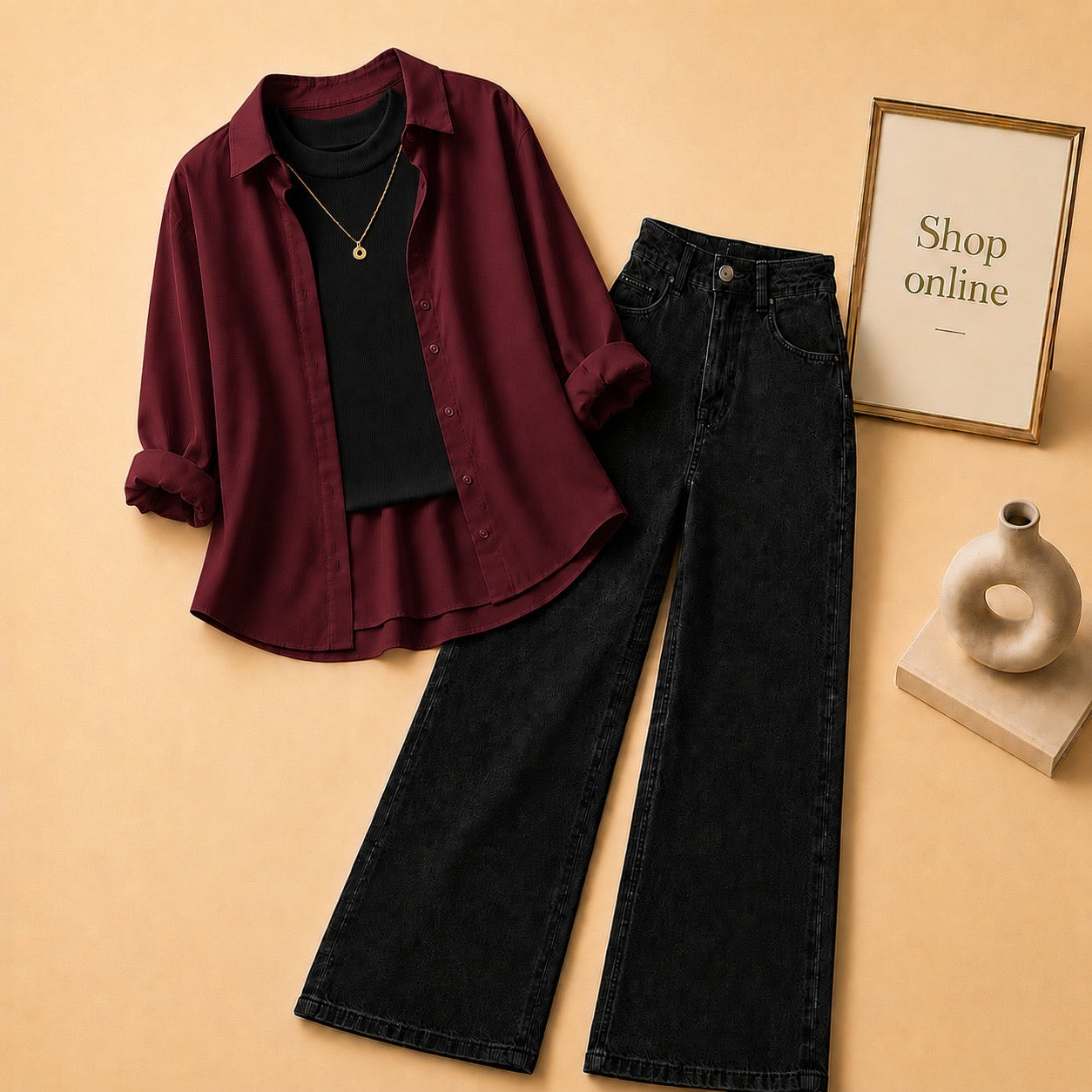 MAROON BUTTON DOWN SHIRT WITH BLACK TANKTOP AND BLACK WIDE LEG JEANS