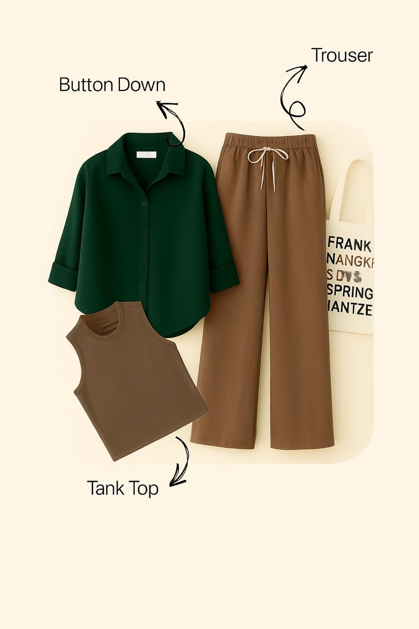 BOTTLE GREEN BUTTON SHIRT WITH BROWN FLAPPER AND BROWN TANK TOP