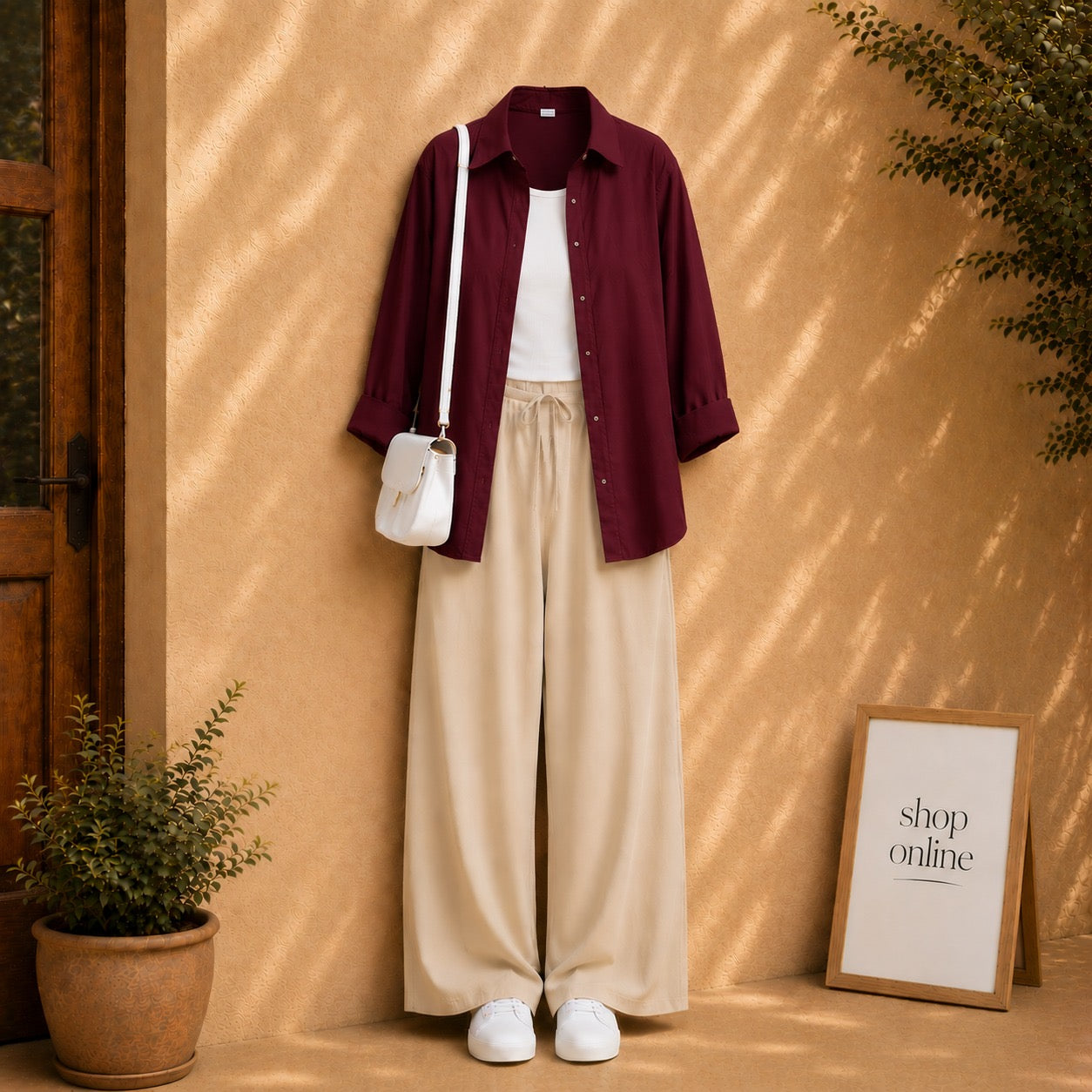 MAROON BUTTON DOWN SHIRT WITH WHITE TANKTOP AND BEIGE FLAPPER