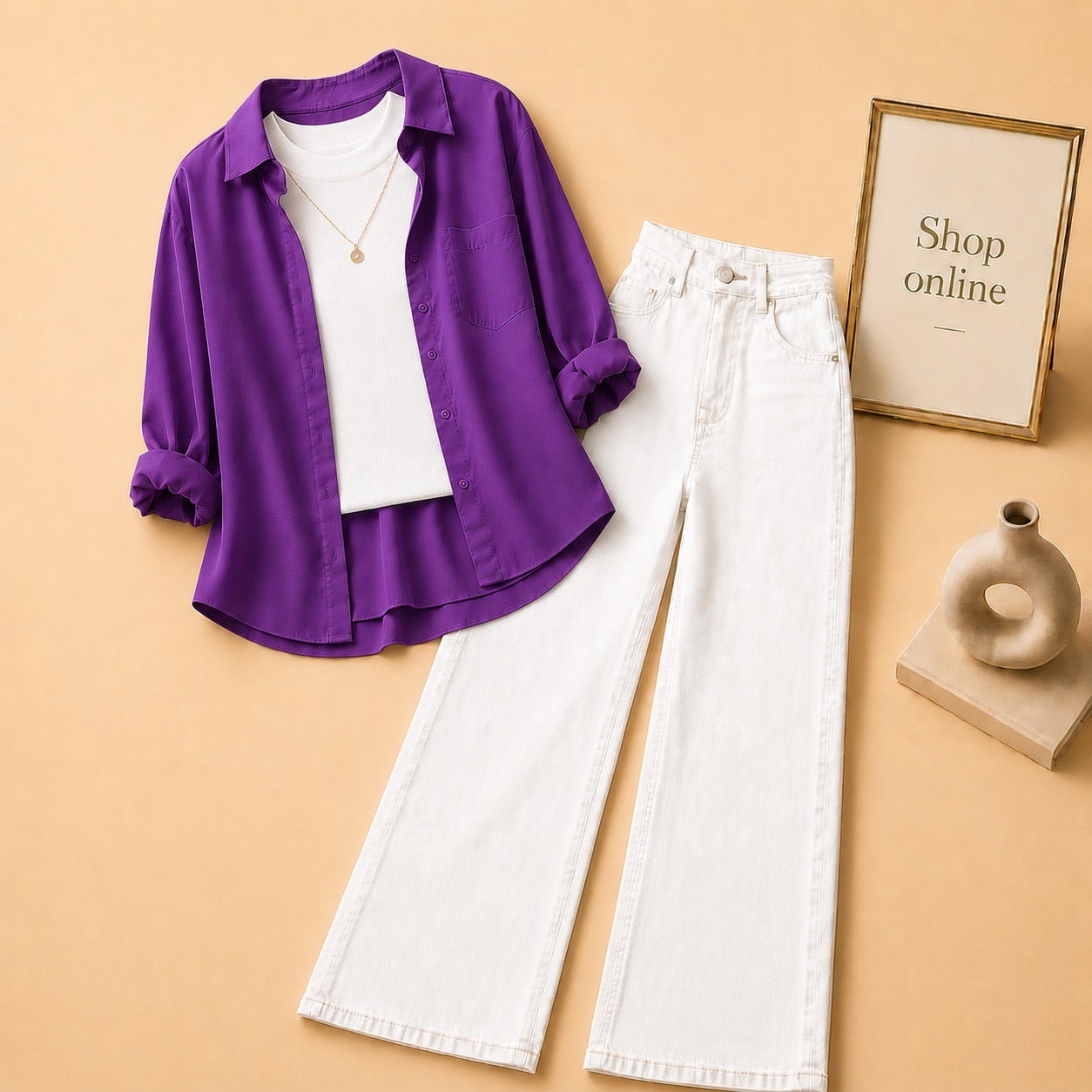 PURPLE BUTTON DOWN SHIRT WITH WHITE TANKTOP AND WHITE WIDE LEG JEANS