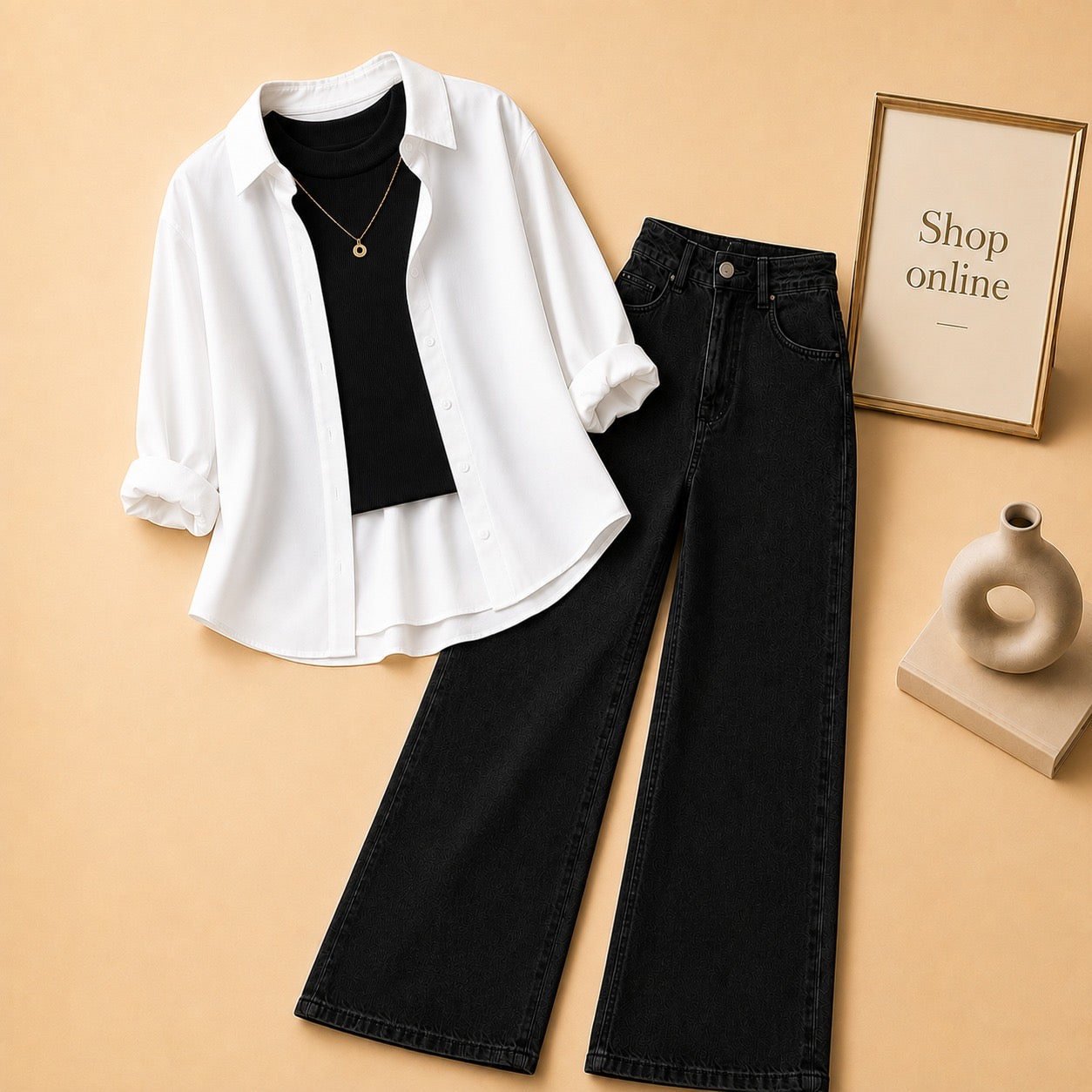 WHITE BUTTON DOWN SHIRT WITH BLACK TANKTOP AND BLACK WIDE LEG JEANS