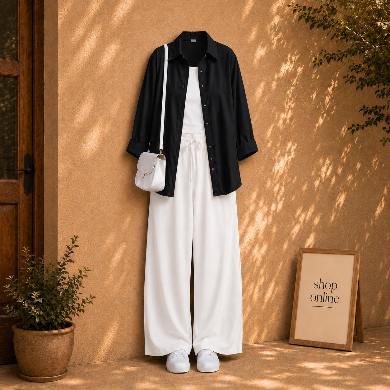 BLACK BUTTON DOWN SHIRT WITH WHITE TANKTOP AND WHITE FLAPPER