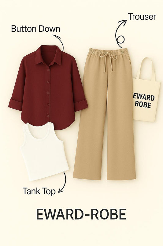 MAROON BUTTON SHIRT WITH BEIGE FLAPPER AND WHITE TANK TOP