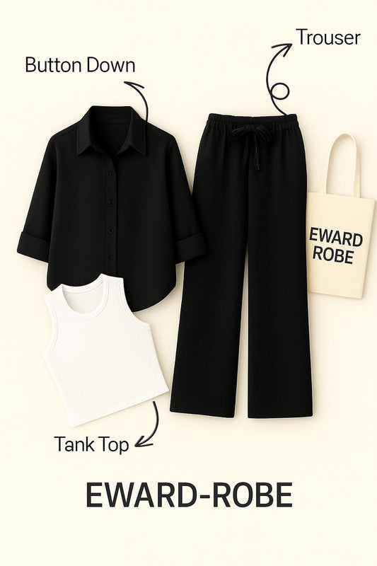 BLACK BUTTON SHIRT WITH BLACK FLAPPER AND WHITE TANK TOP
