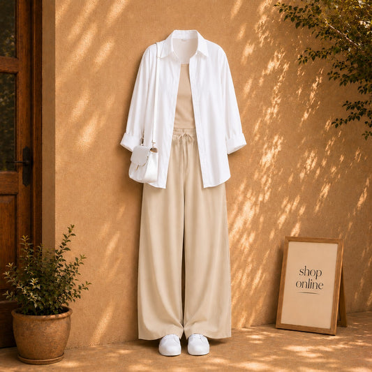 WHITE BUTTON DOWN SHIRT WITH BEIGE TANKTOP AND BEIGE FLAPPER